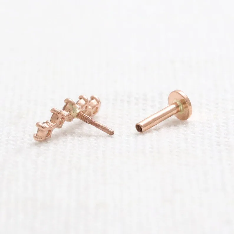 14K Gold Labret Earring with Genuine Cognac Diamonds - Curved Stick Design for Cartilage, Helix, Tragus, Conch - Internally Threaded with Flat Back