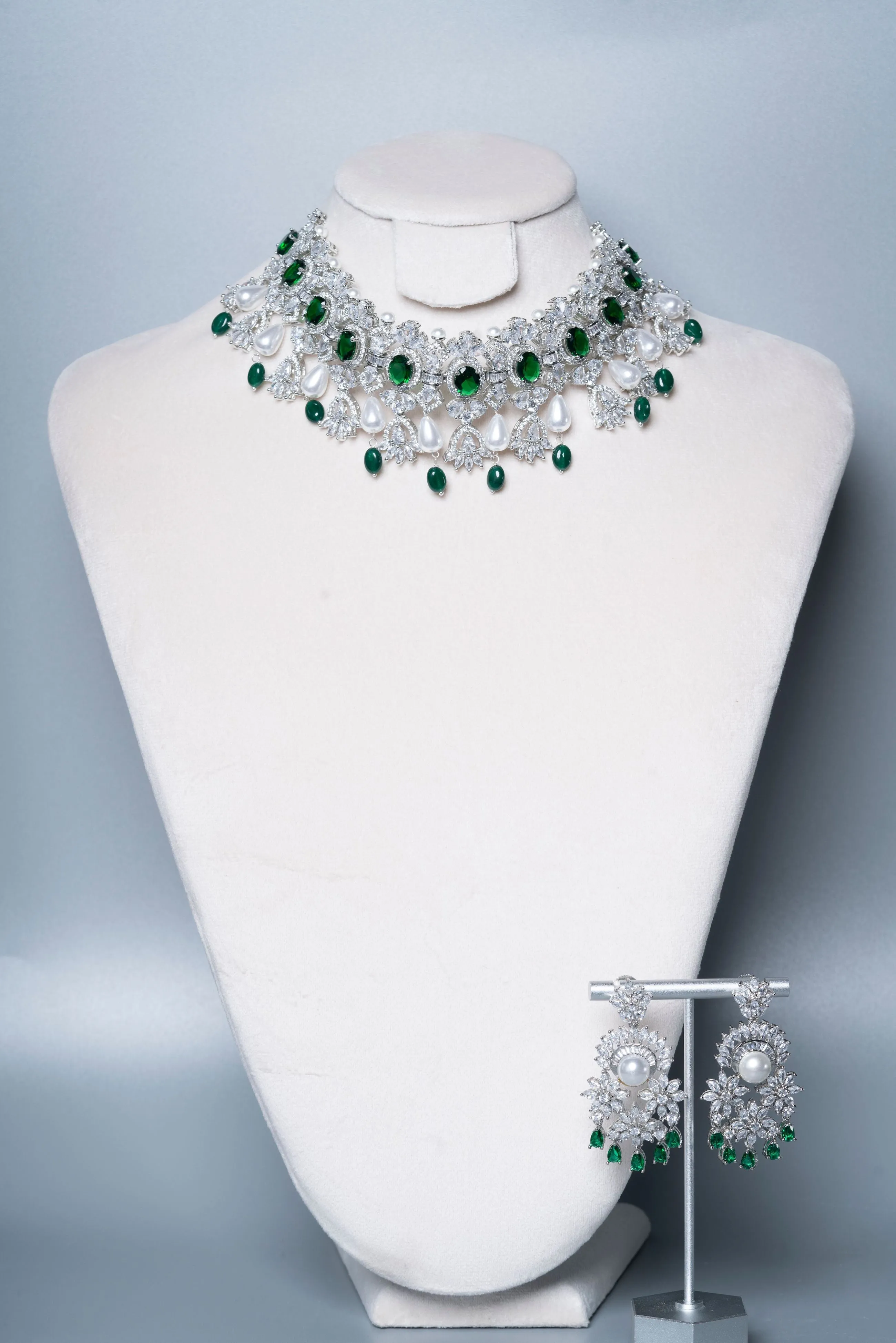 Aarani Pearl & Crystal Emerald Green White Gold Luxury Necklace & Earring Set By Jaipur Rose Luxury Indian Jewelry Online