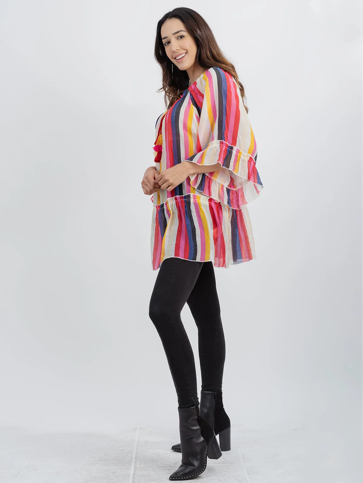 American Bling Women's Multicolored Stripe Print Tiered Shirt