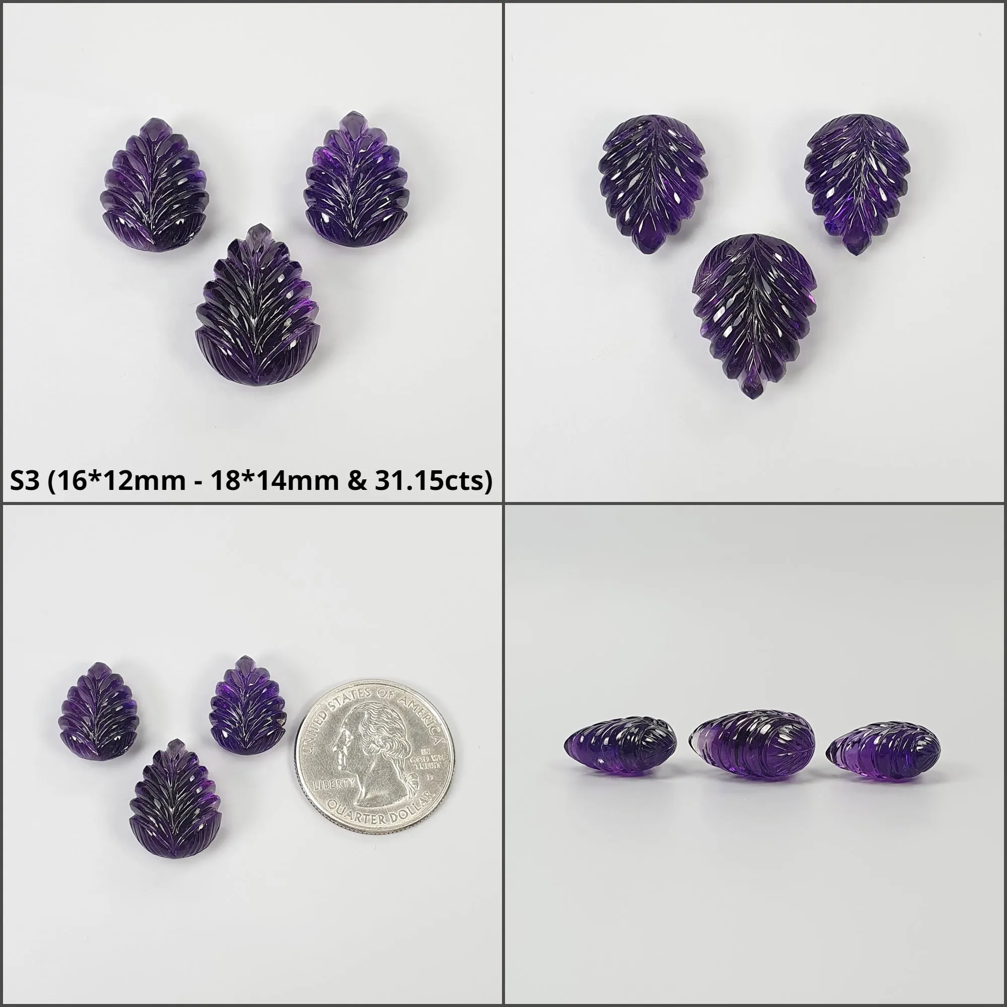 Amethyst Gemstone Carving : Natural Untreated Purple Amethyst Hand Carved Uneven Shape Leaves 3pcs Set