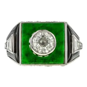 Art Deco Diamond, Jade & Onyx Ring, Old Euro 0.80ct.