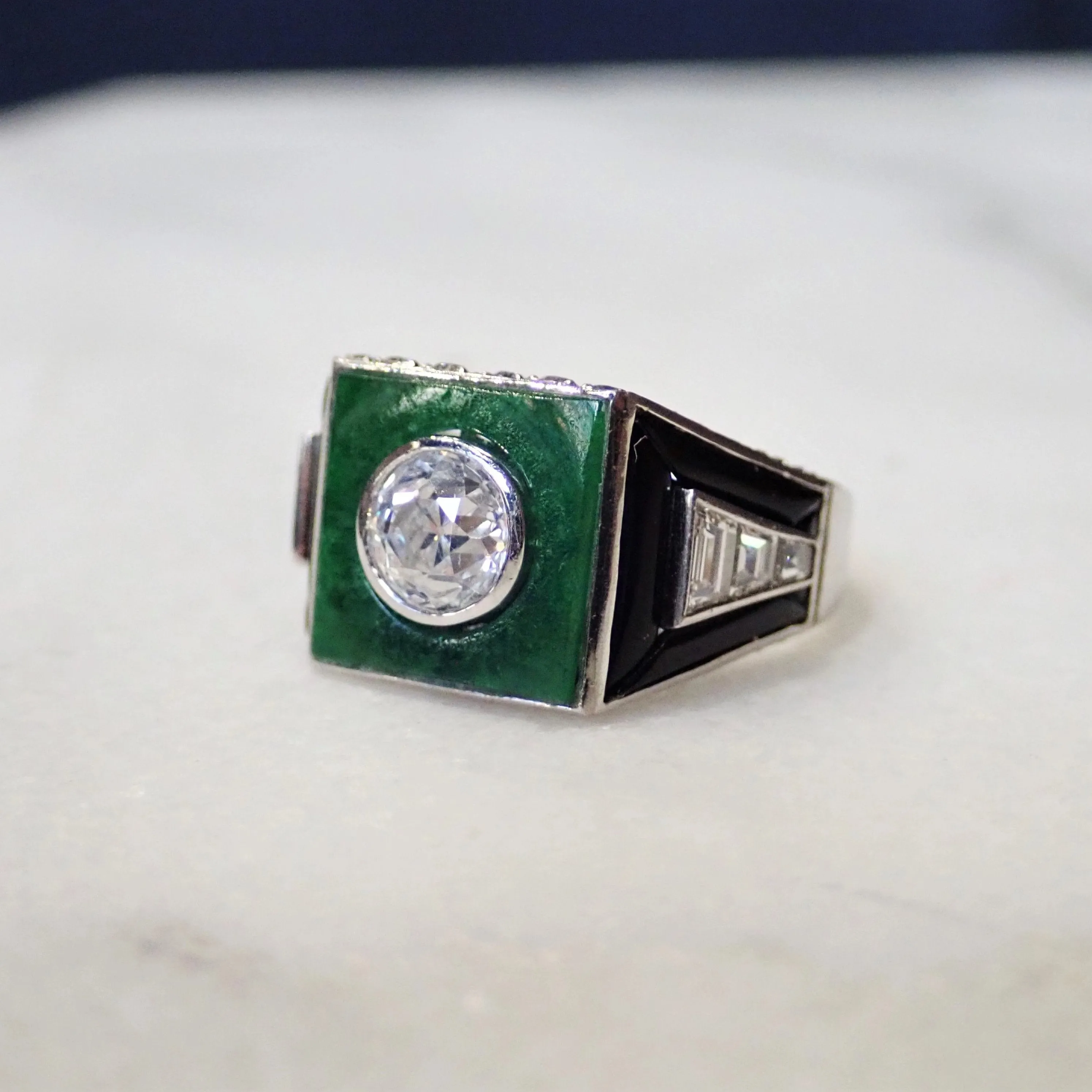 Art Deco Diamond, Jade & Onyx Ring, Old Euro 0.80ct.