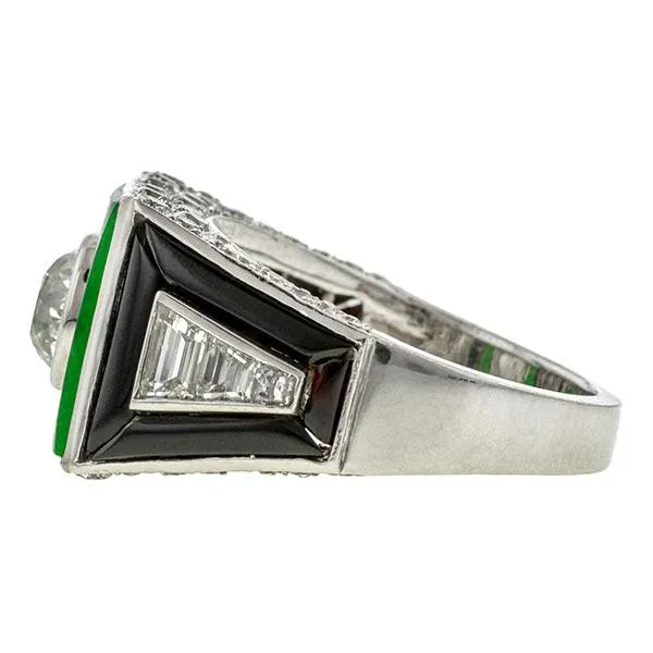 Art Deco Diamond, Jade & Onyx Ring, Old Euro 0.80ct.