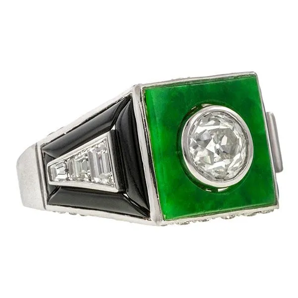 Art Deco Diamond, Jade & Onyx Ring, Old Euro 0.80ct.