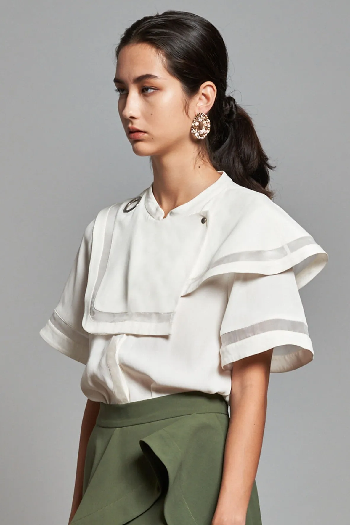 Asymmetrical Layered Trimming Shirt White