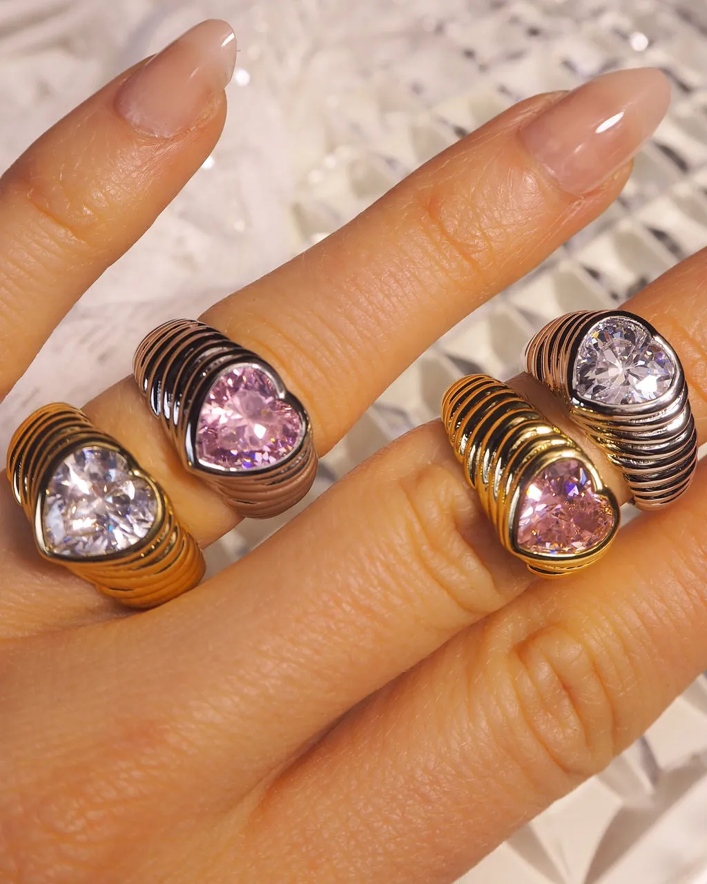 BFF Ring Set- Silver/Clear and Pink