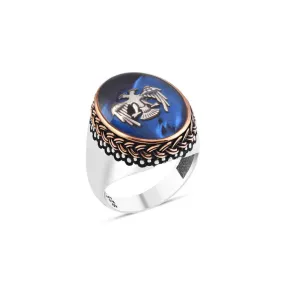 Blue Enameled Seljuk Eagle Ellipse Silver Men's Ring with Pointed and Braid Top Pattern