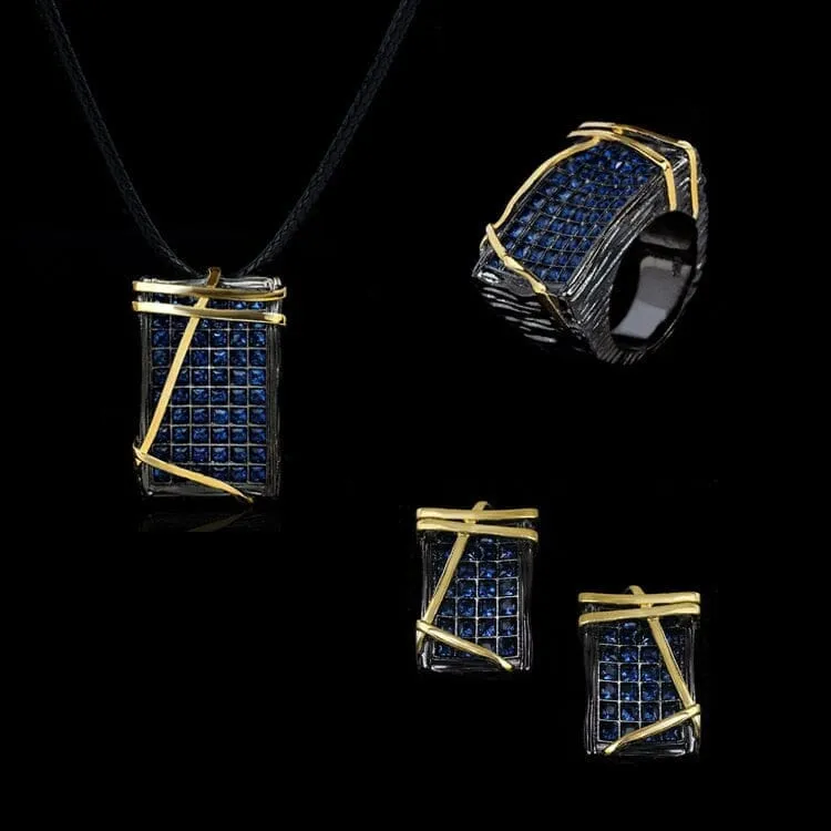 Blue Full Diamond Black Gold Jewelry Set