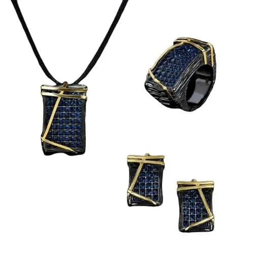 Blue Full Diamond Black Gold Jewelry Set