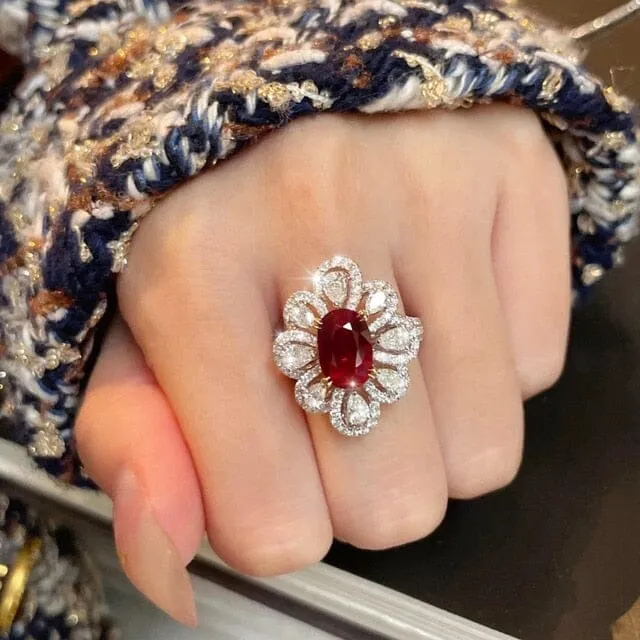 Bright Luxurious Floral Ruby Ring