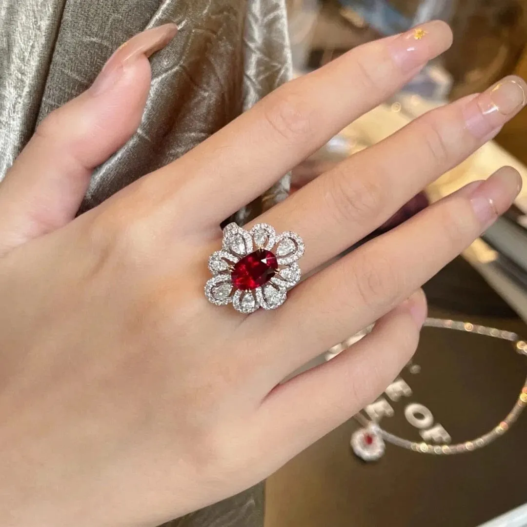 Bright Luxurious Floral Ruby Ring