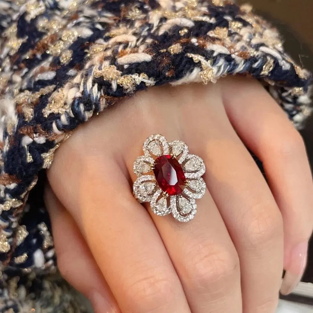 Bright Luxurious Floral Ruby Ring