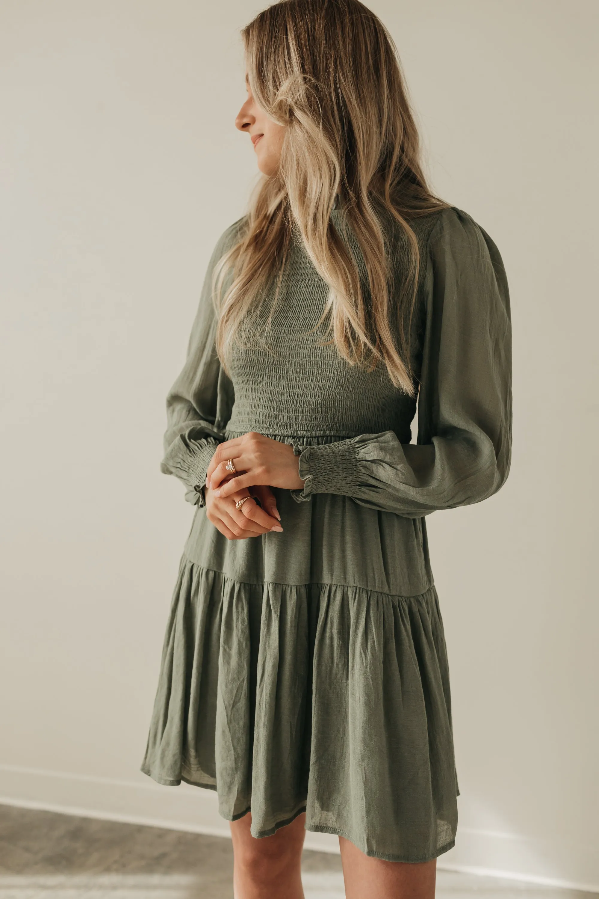 Charlotte Smocked Dress in Olive- Short Length