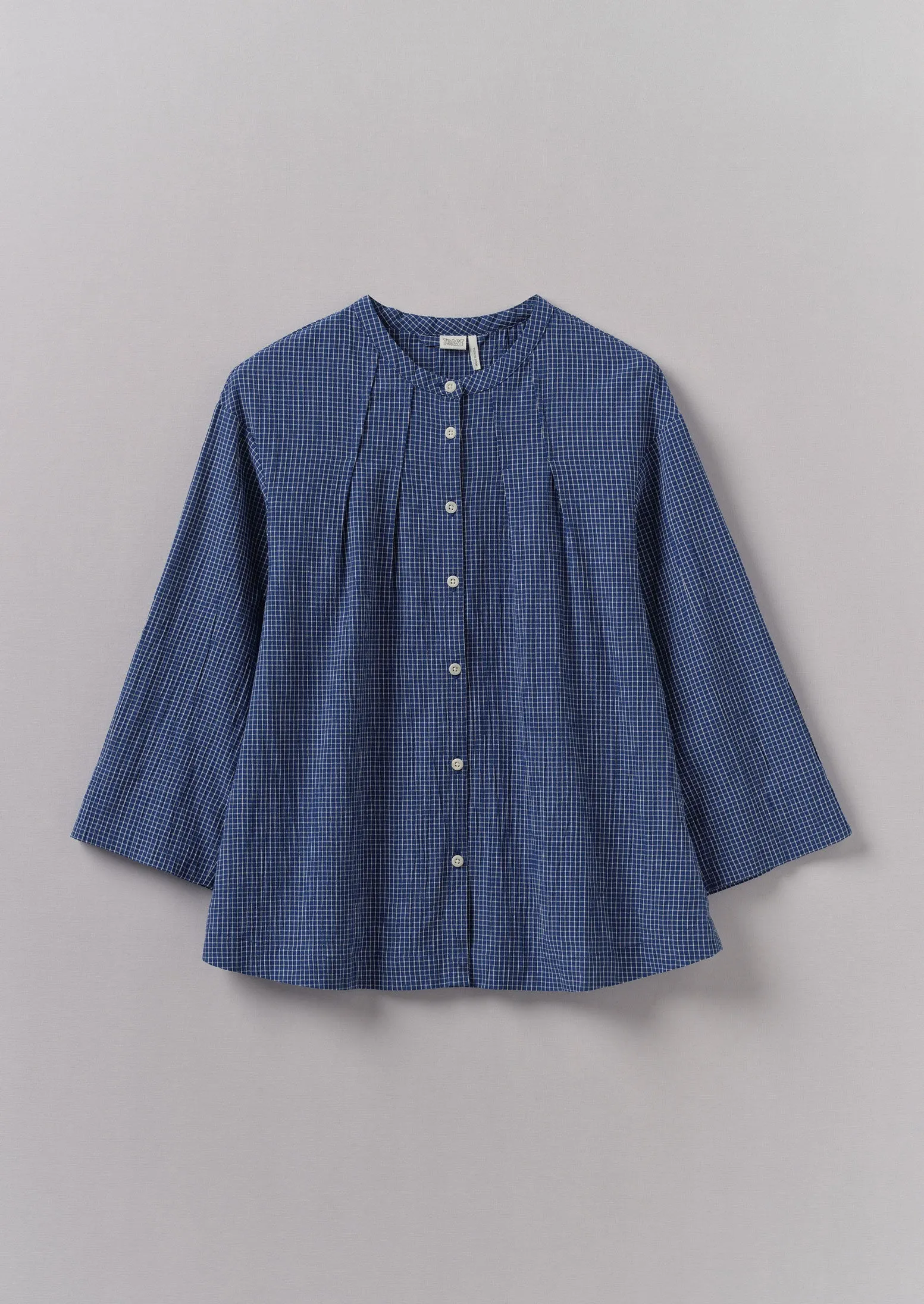 Check Crinkle Cotton Tie Shirt  | Cobalt