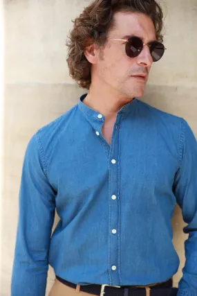 Chemise col mao en jeans - Bleu denim