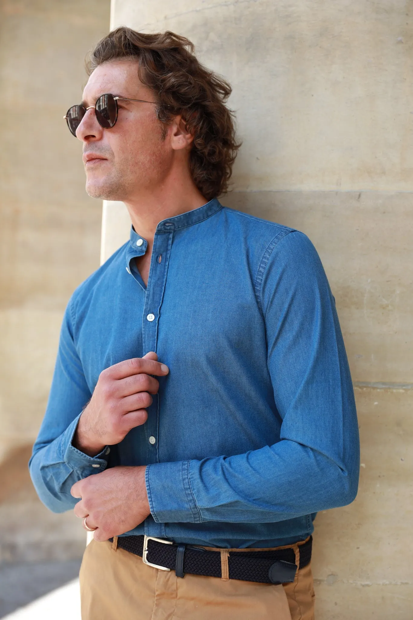 Chemise col mao en jeans - Bleu denim