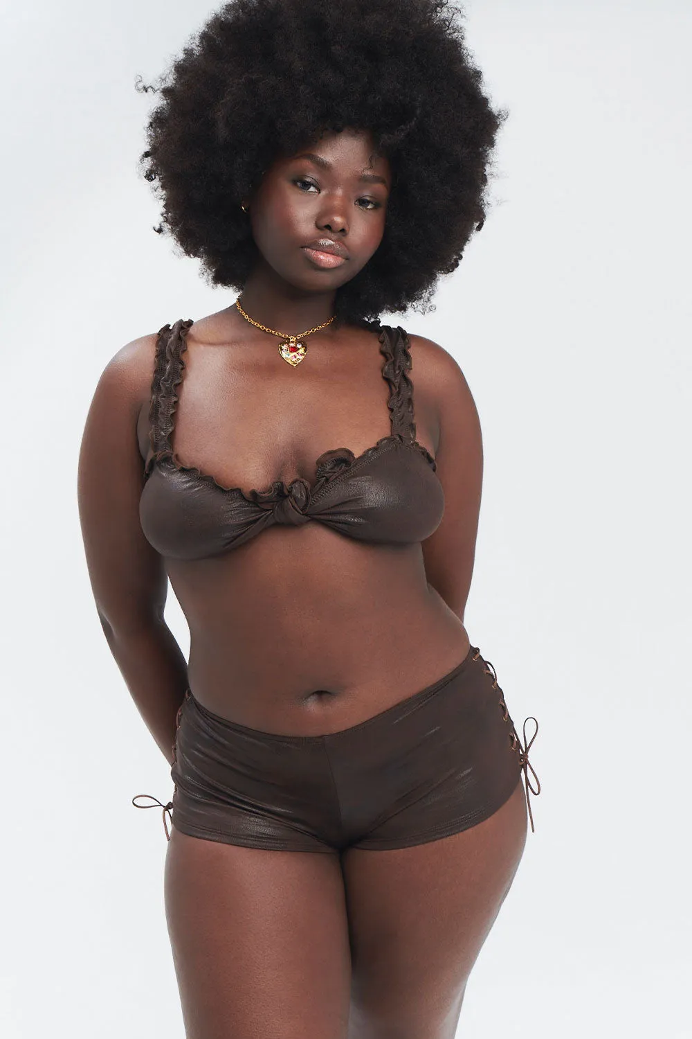 Colby Leather Look Ruffle Bikini Top - Cocoa