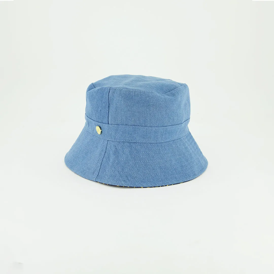 Denim Wide Brim Bucket Hat.Floral Print Detail.