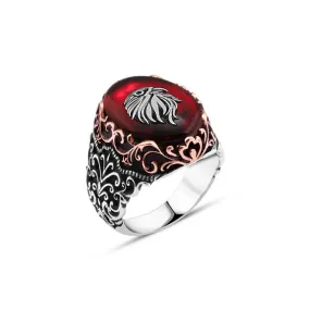 Eagle Head on Red Ellipse Synthetic Amber Stone Silver Men's Ring with Wavy Pattern Around