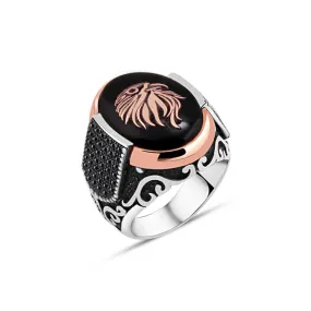 Eagle on Black Ellipse Onyx Stone Silver Men's Ring Siding Zircons in Epaulet Shape