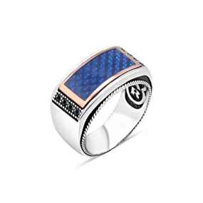 Enameled Navy Blue Carbon with Zircon Stones Curved Silver Men's Ring