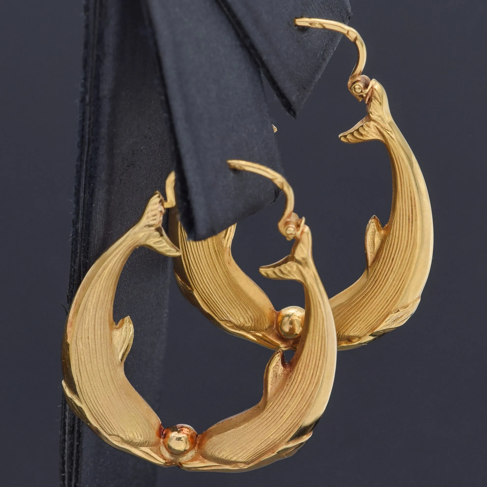 Estate French 18K Yellow Gold Dolphin Hoop Earrings