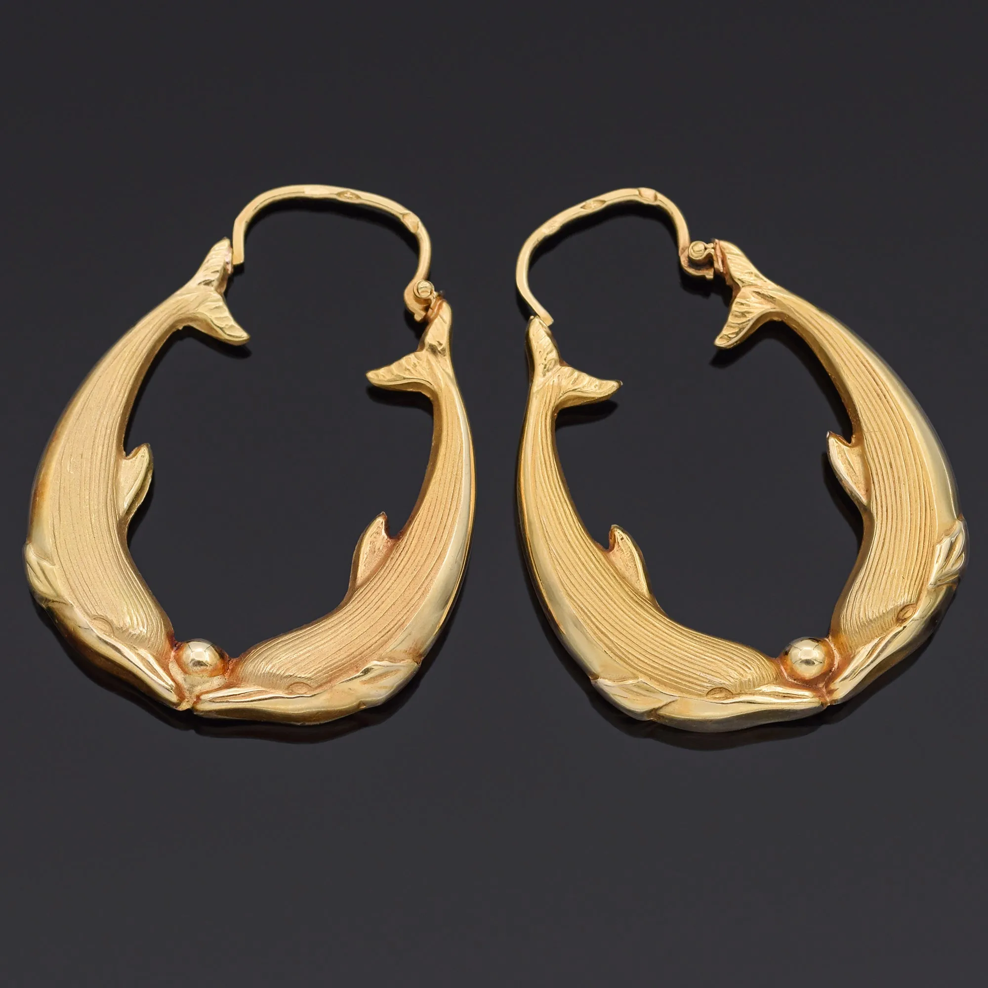 Estate French 18K Yellow Gold Dolphin Hoop Earrings