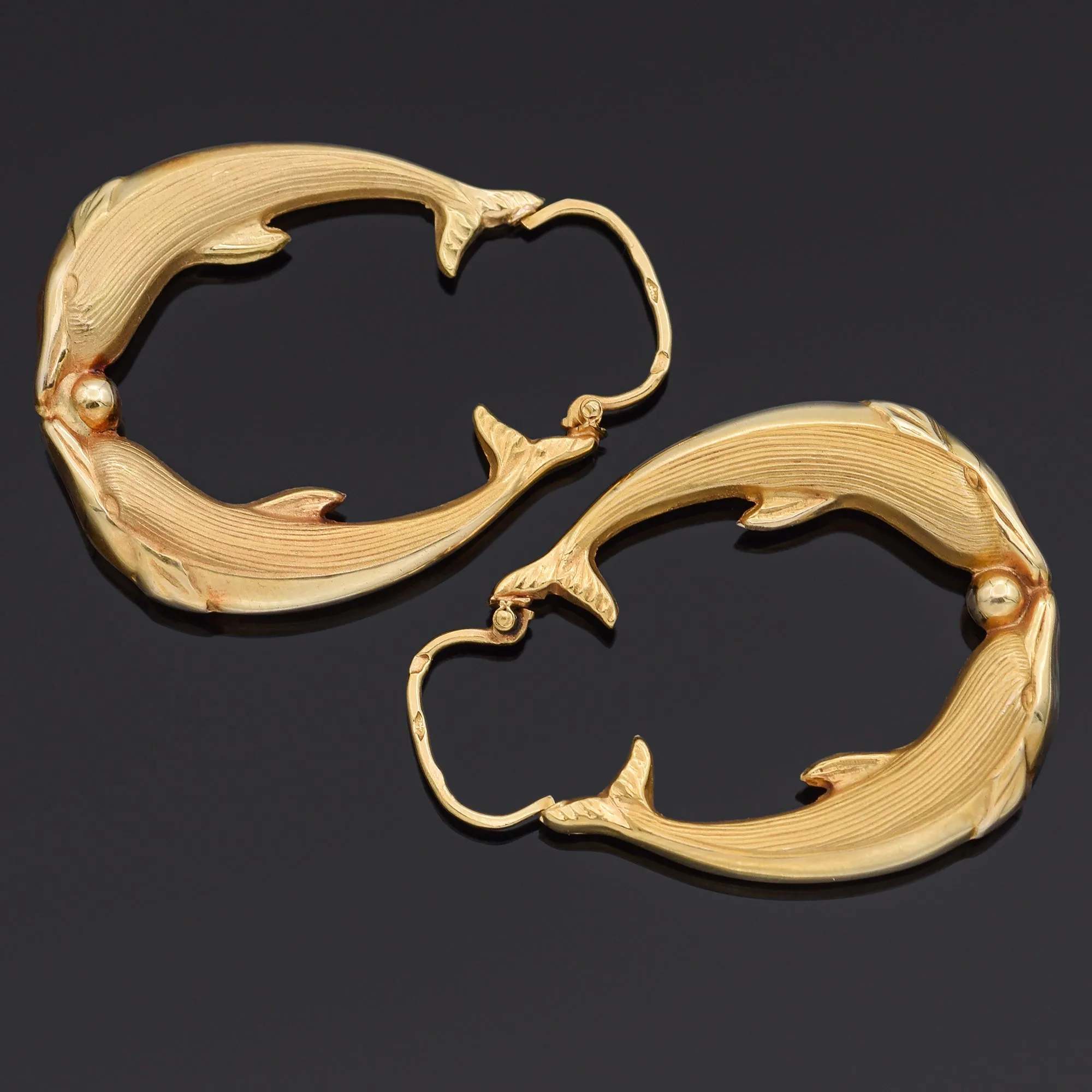 Estate French 18K Yellow Gold Dolphin Hoop Earrings