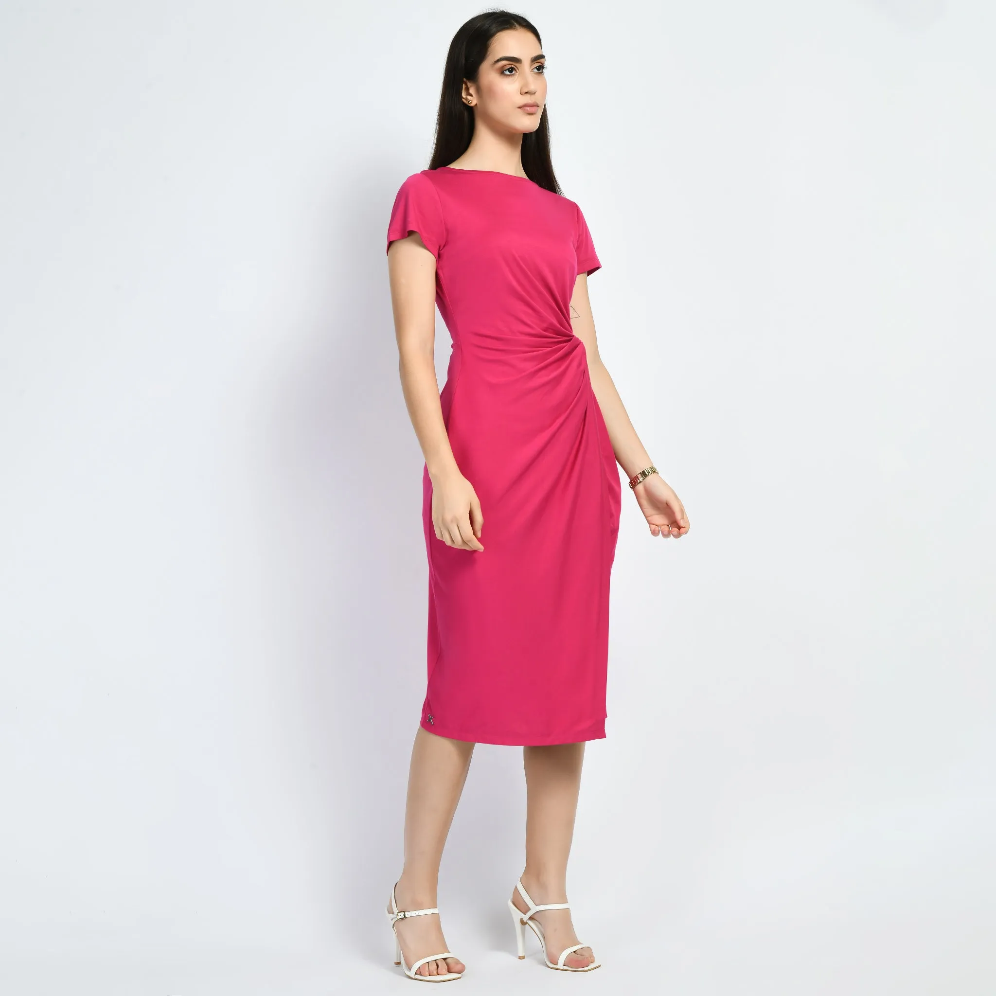 Exude Luminosity Side Knot Wrap Dress (Hot Pink)