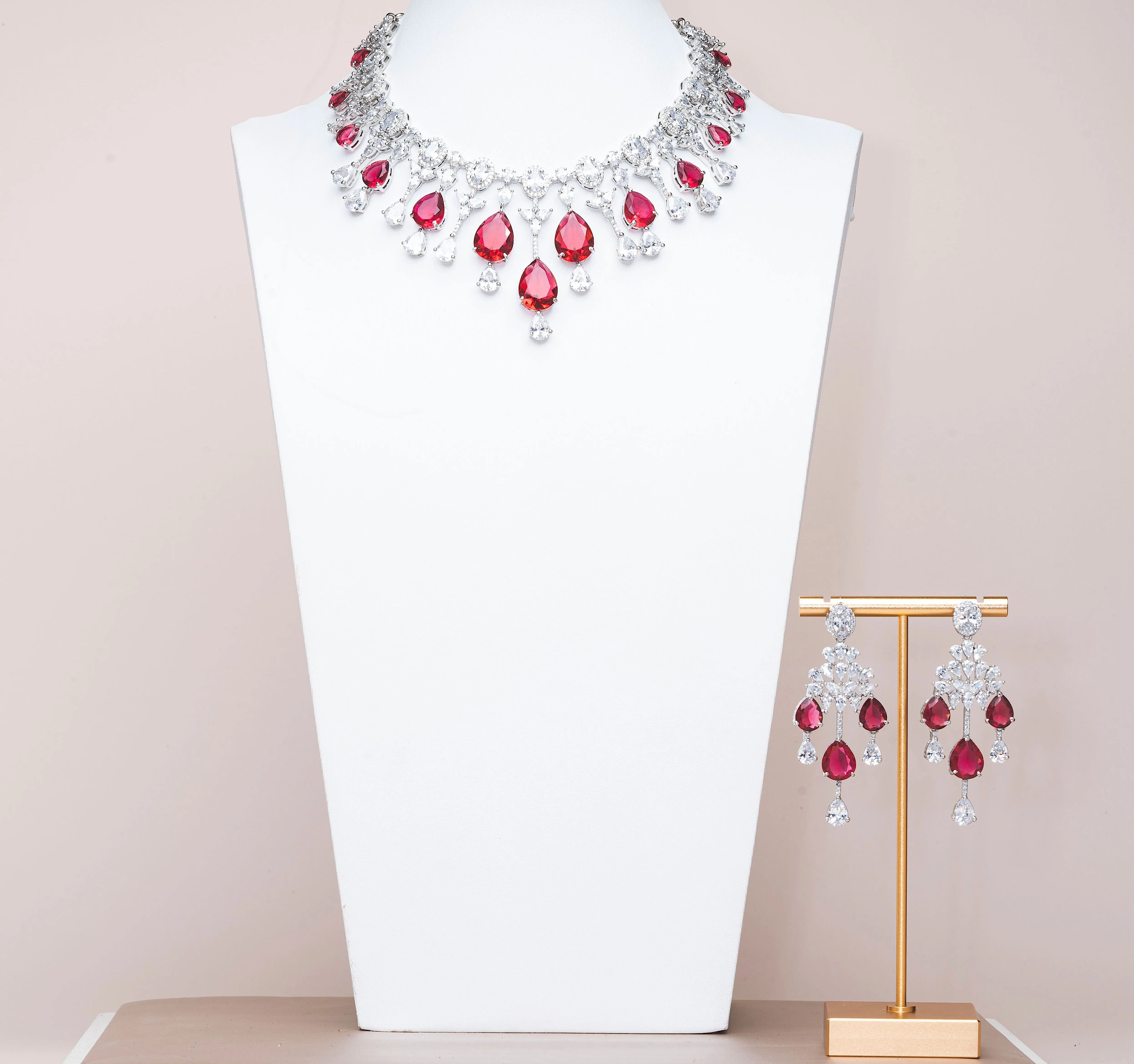 Falna Ruby Red White Gold Luxury Necklace & Earring Set By Jaipur Rose Luxury Indian Jewelry Onli