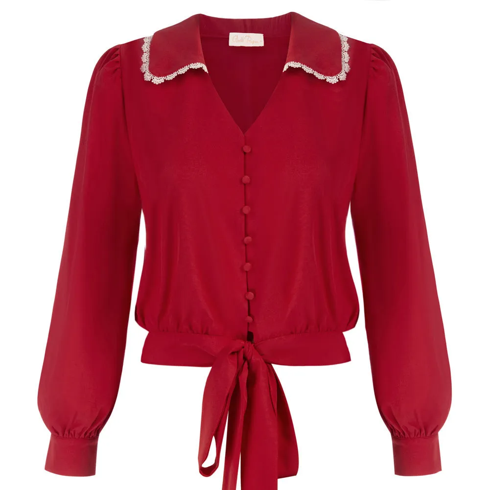 Fans Look of Cropped Shirt Long Lantern Sleeve Lapel V-Neck Button-up Tops