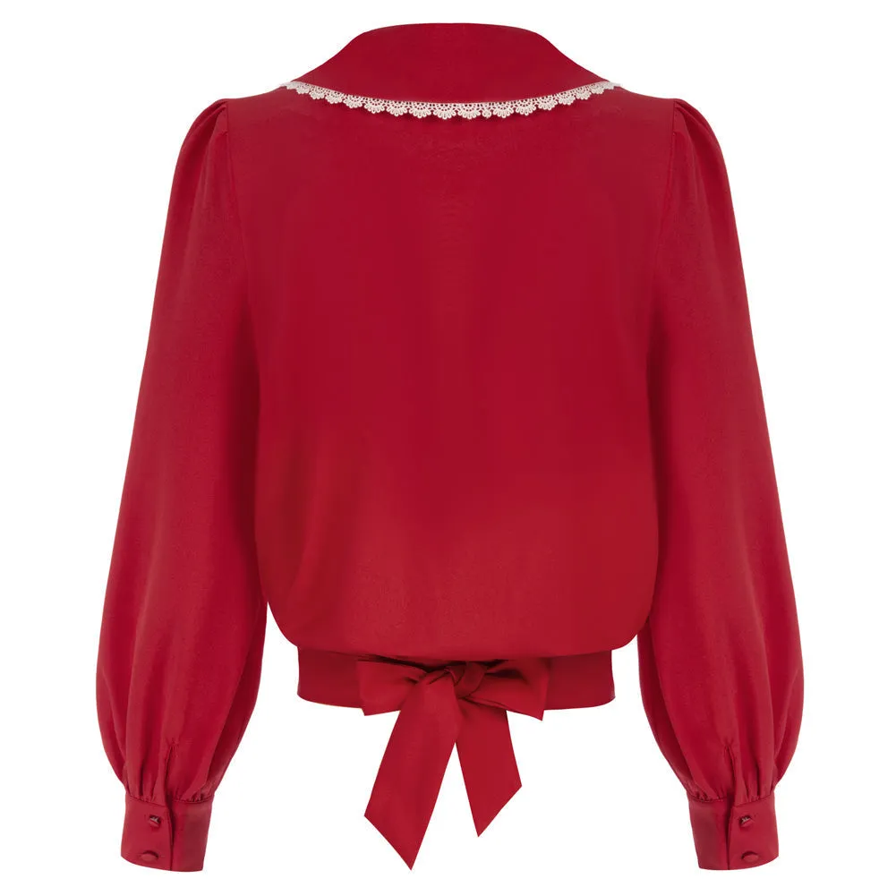 Fans Look of Cropped Shirt Long Lantern Sleeve Lapel V-Neck Button-up Tops