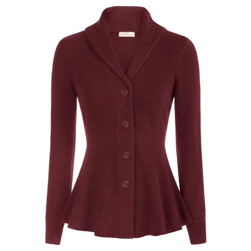 Fans Look of Peplum Hem Cardigan Sweater Long Sleeve Shawl Lapel Button-up Knitwear