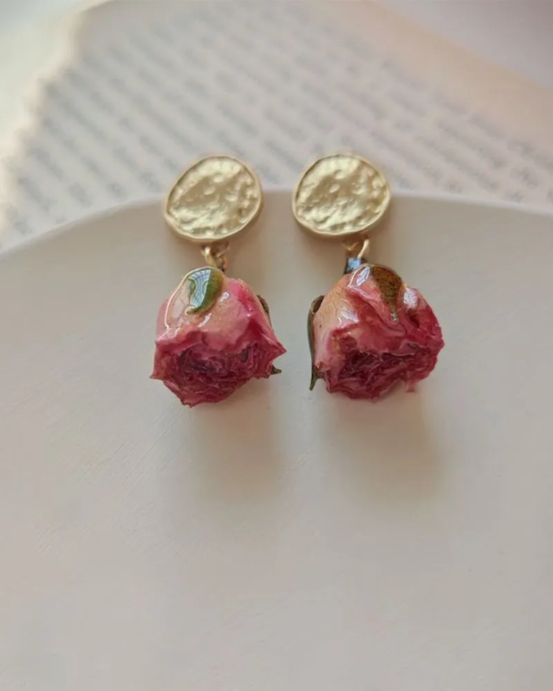 Fans Look of Silver Needle Preserved Flower Dried Flower Earrings Simple Rose Earrings