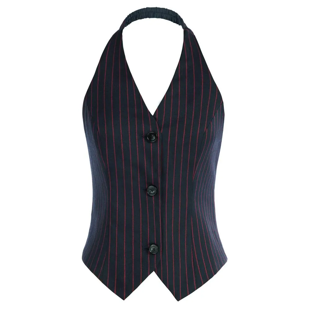 Fans Look of Striped V-Neck Single Breasted Handkerchief Hem Halter Backless Vest