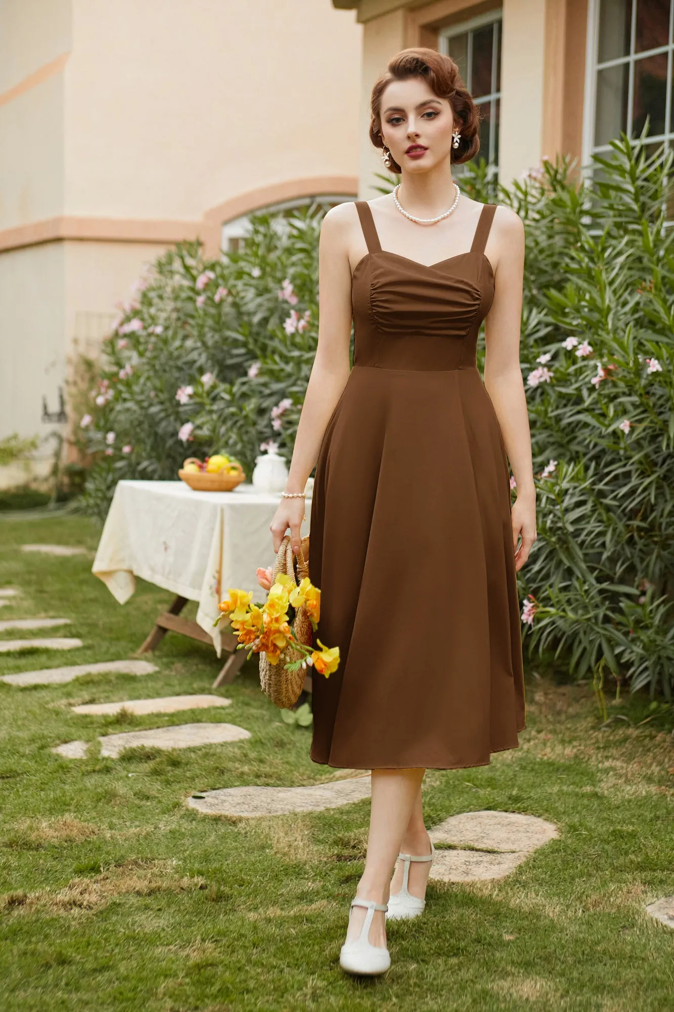 Fans Look of Vintage Cocktail Dress Sleeveless Spaghetti Strap Ruched Slit A Line Swing Dress with Pockets