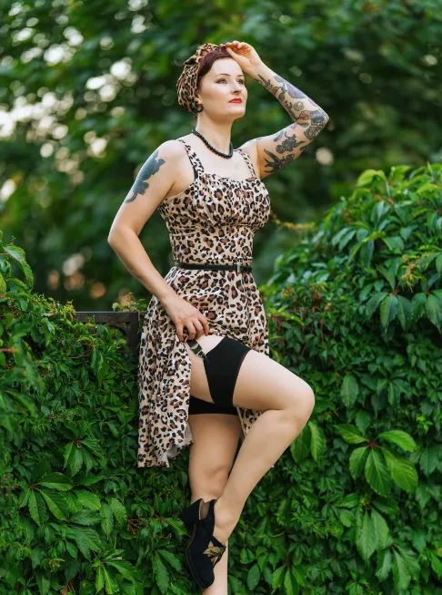 Fans Look of Vintage Leopard Two-Way Defined Waist Dress Ruched Bodice Flared A-Line Dress