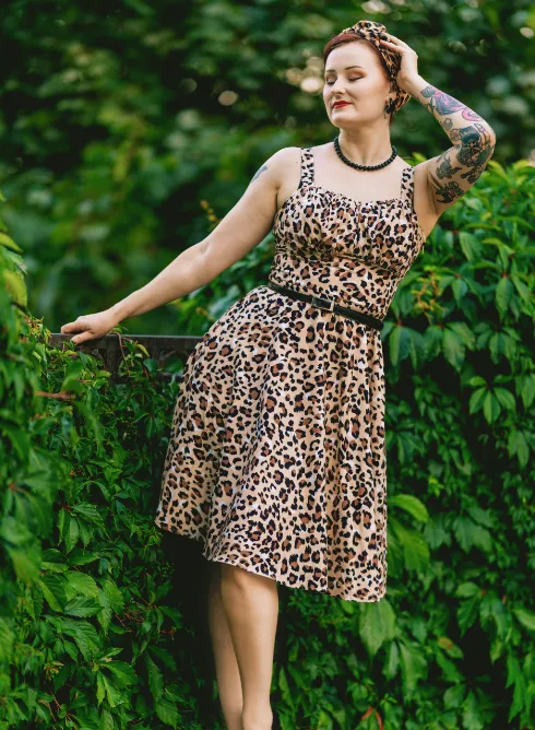 Fans Look of Vintage Leopard Two-Way Defined Waist Dress Ruched Bodice Flared A-Line Dress