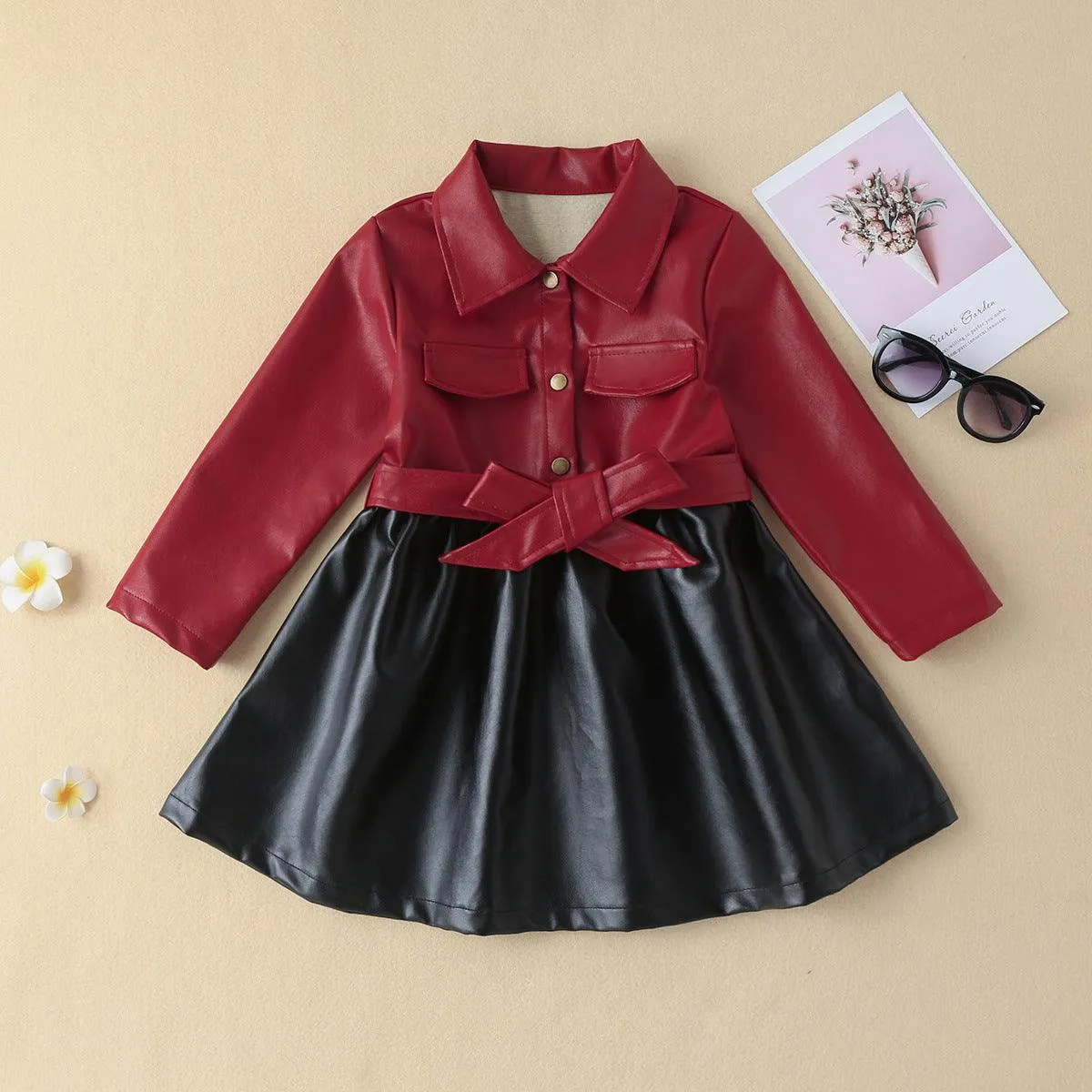 Girls' Autumn and Winter Leather Jacket Medium Length Splicing PU Leather Skirt Coat