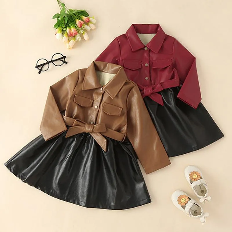 Girls' Autumn and Winter Leather Jacket Medium Length Splicing PU Leather Skirt Coat