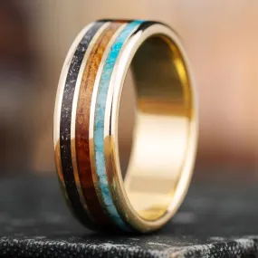 (In-Stock) Men's Gold Wedding Band with Meteorite, Koa Wood & Turquoise - Size 12.75 | 8mm Wide