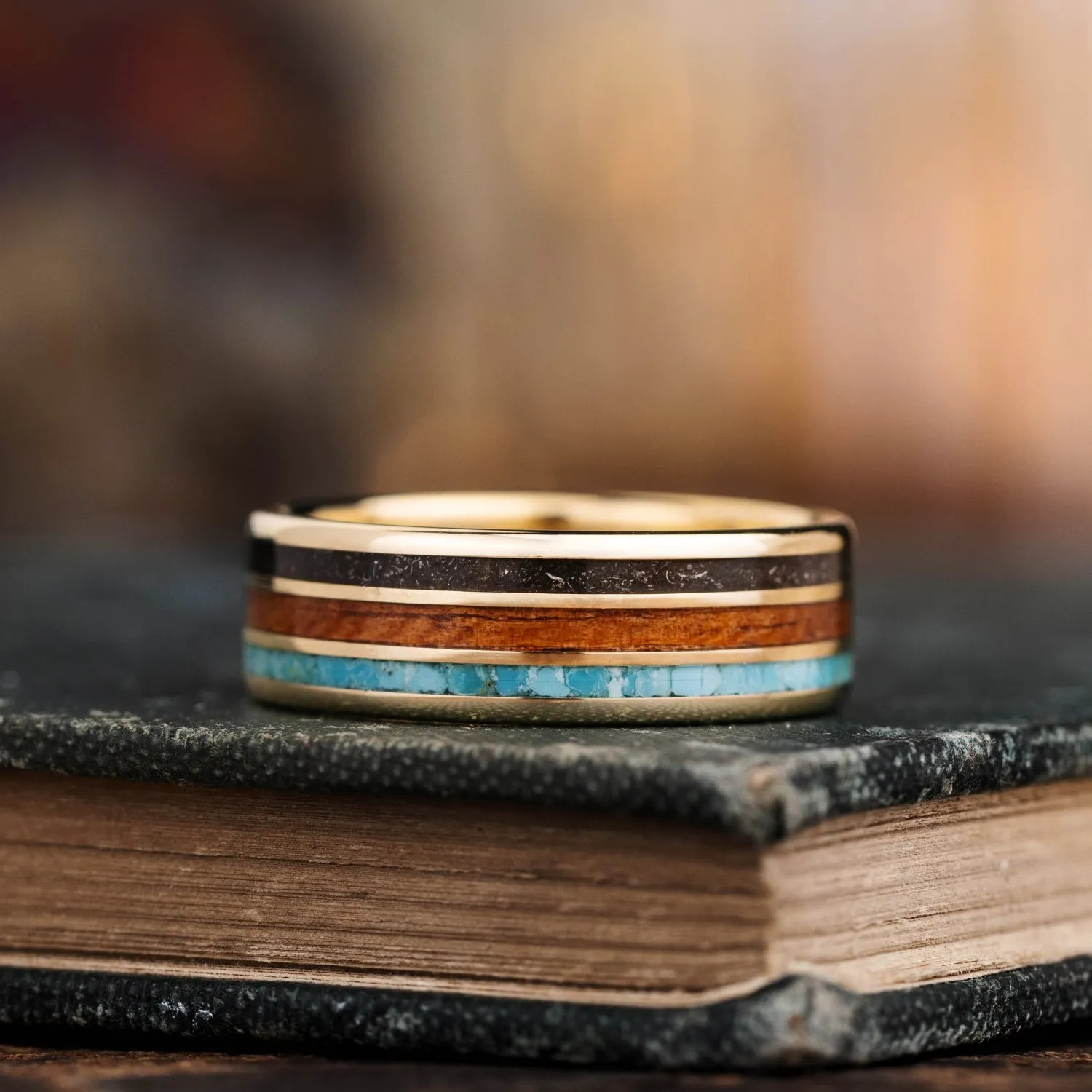 (In-Stock) Men's Gold Wedding Band with Meteorite, Koa Wood & Turquoise - Size 12.75 | 8mm Wide