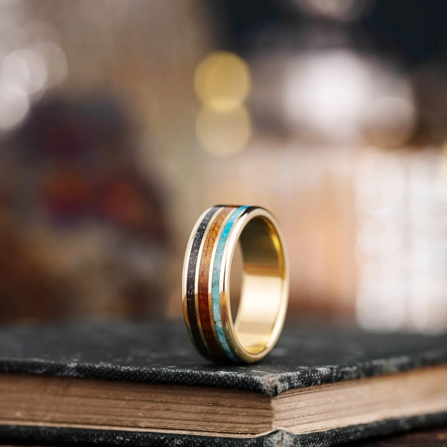 (In-Stock) Men's Gold Wedding Band with Meteorite, Koa Wood & Turquoise - Size 12.75 | 8mm Wide