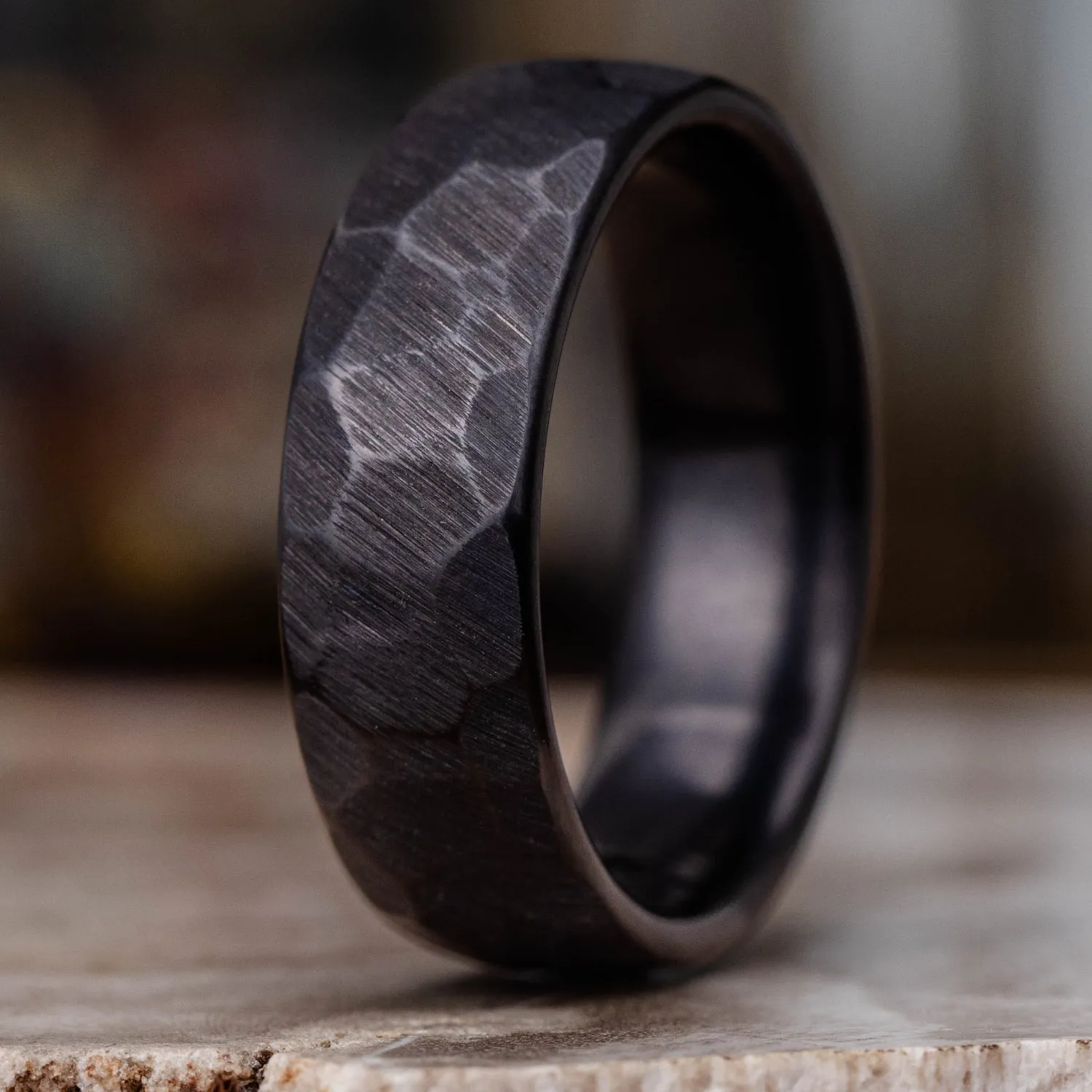 (In-Stock) The Apollo Noir | Men's Hammered Black Titanium Wedding Band - Size 13.25 | 8mm Wide