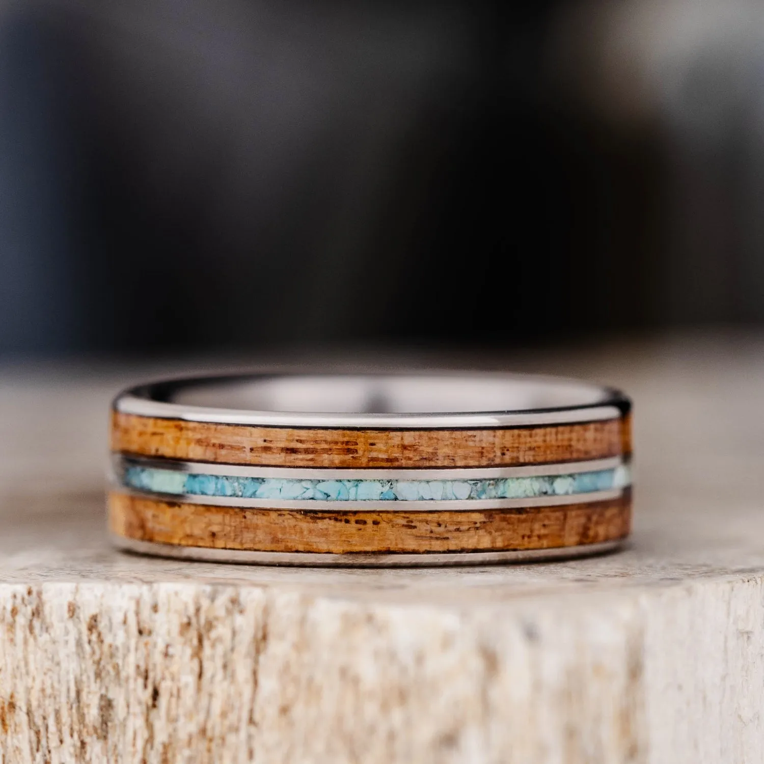 (In-Stock) The Arizonan |  Men's Titanium Wedding Band with Arizona Mesquite Wood & Turquoise - Size 10.5 | 7mm Wide