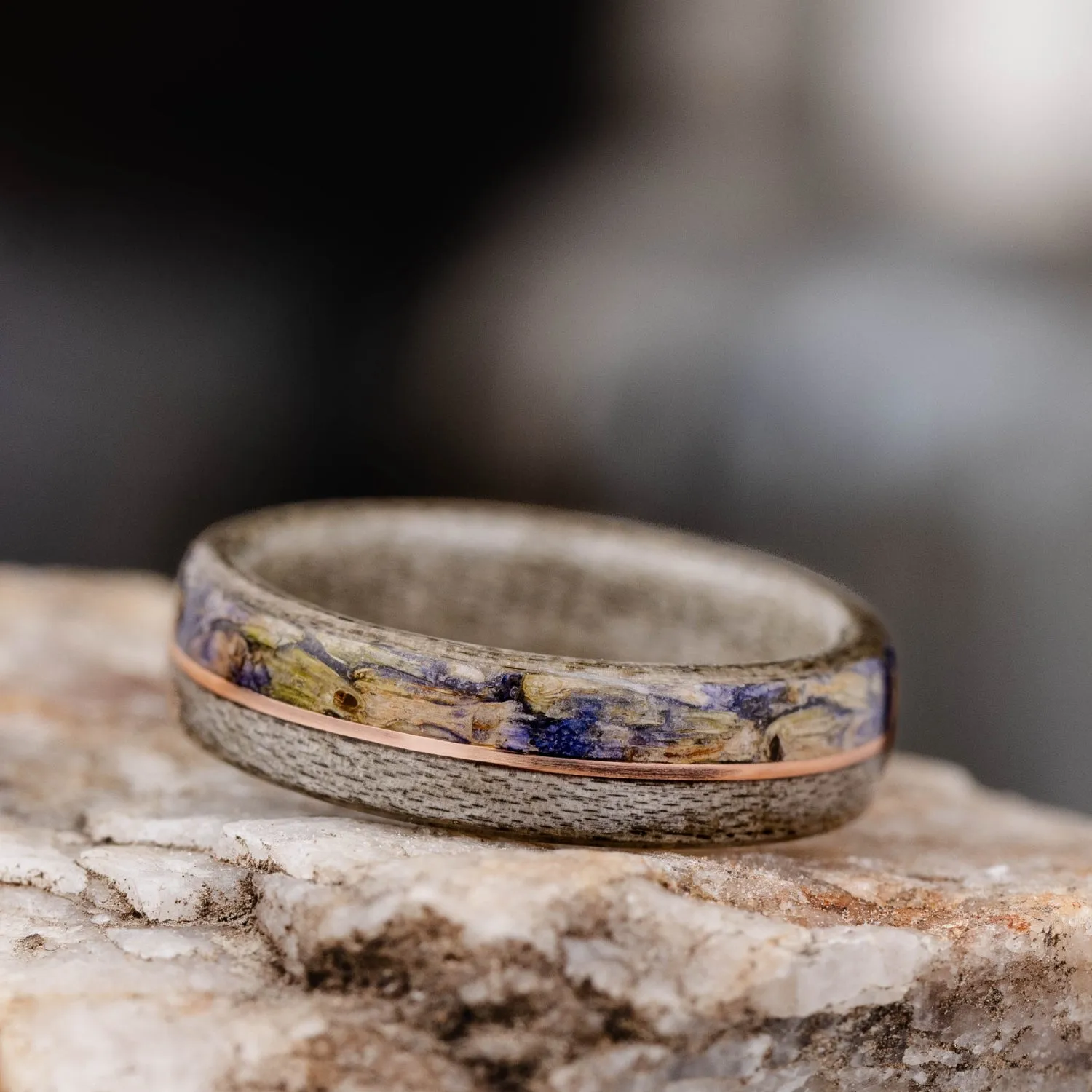 (In-Stock) The Weekend in Marseille | Women's Weathered Maple Wood Ring with Lavender & 14k Rose Gold Inlay - Size 7 | 5mm Wide