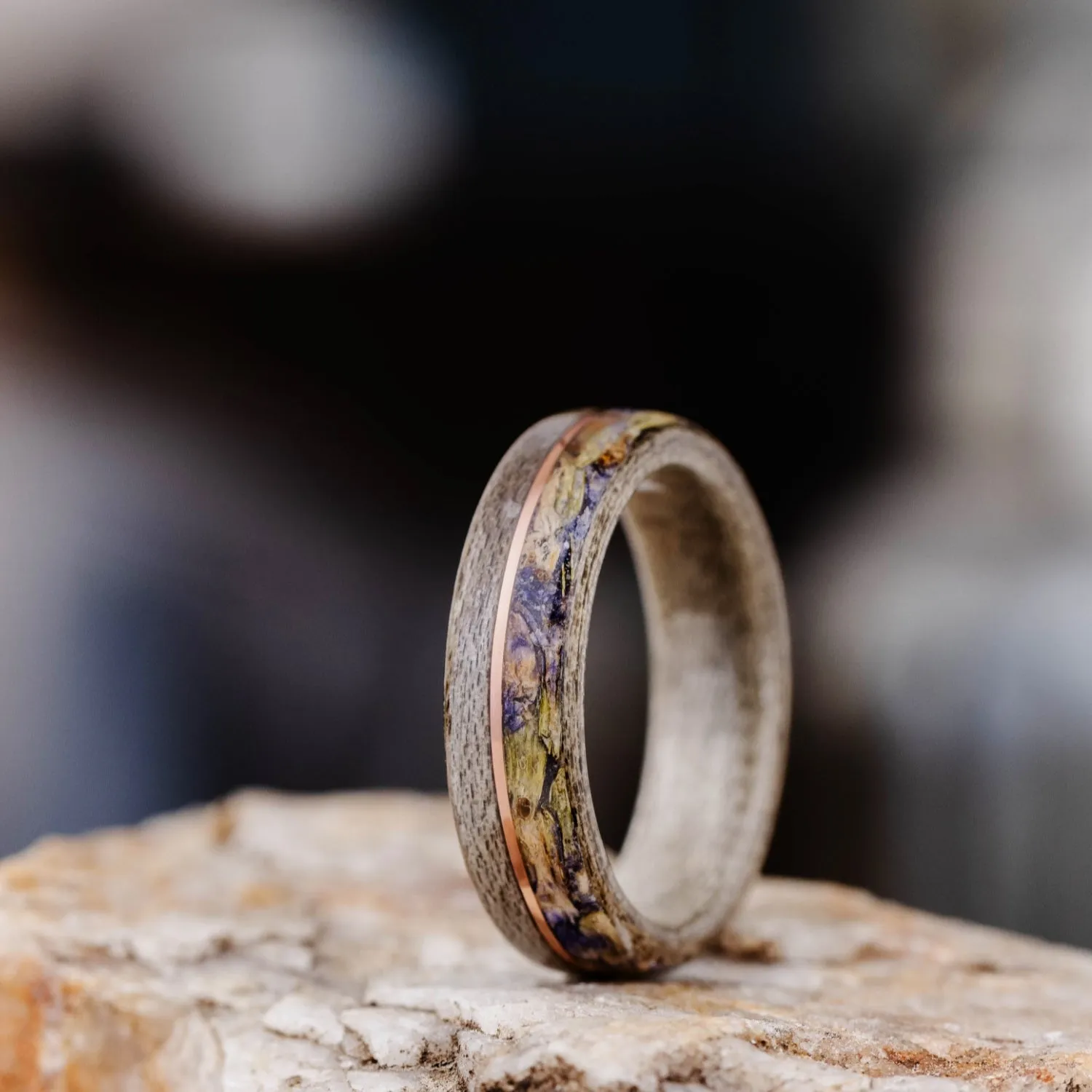 (In-Stock) The Weekend in Marseille | Women's Weathered Maple Wood Ring with Lavender & 14k Rose Gold Inlay - Size 7 | 5mm Wide