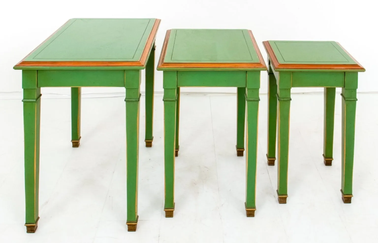 Jansen Style Green Lacquer & Gilt Nesting Tables, Set of Three