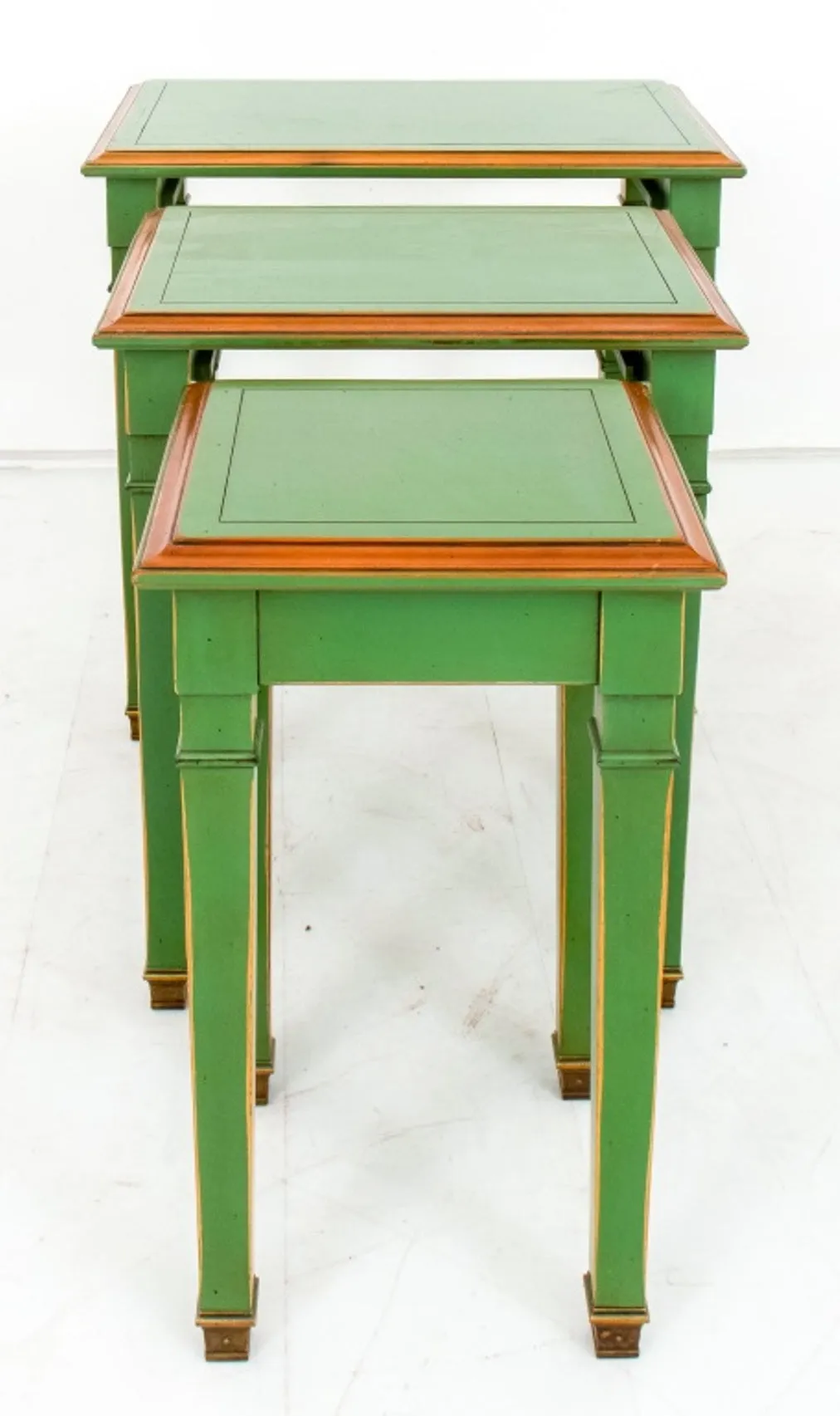 Jansen Style Green Lacquer & Gilt Nesting Tables, Set of Three