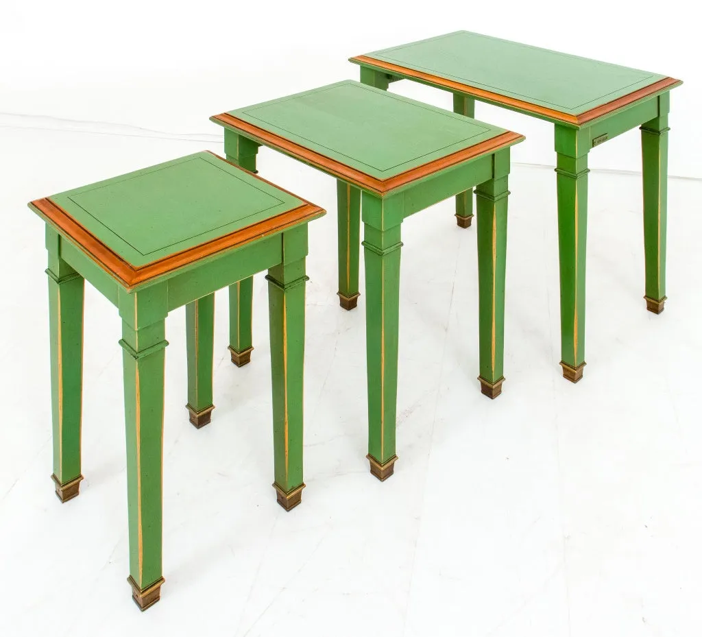 Jansen Style Green Lacquer & Gilt Nesting Tables, Set of Three